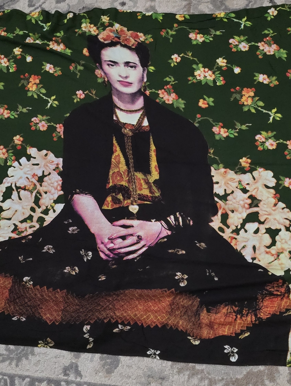 Frida Kahlo Portrait Decorative Tapestry Scarf in Green & Black
